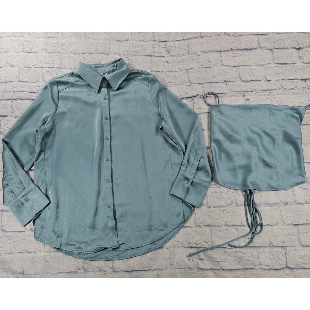 12th Tribe 2-Piece Satin Shirt & Cami Set Womens L Blue Green Evening Party Chic